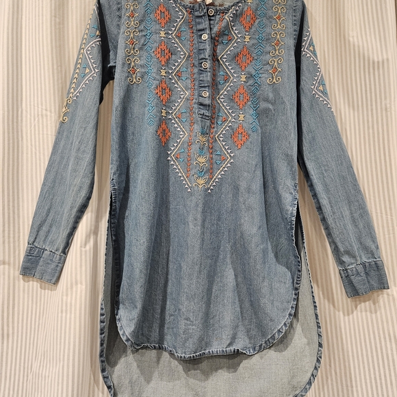 Roper Tops - "Blue Denim" Embroidered Boho Southwestern Long Sleeve Tunic Top Sz S Roper